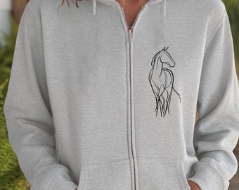 Minimal Line Art Horse Zip Hoodie | Horse Sketch Full Zip Hooded Sweatshirt