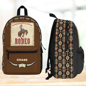Sac à dos rodéo personnalisé pour garçon avec design aztèque, sac à dos western, cartable pour la rentrée scolaire, sac à dos cheval personnalisé, bleu, marron, gris
