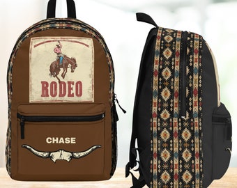 Boys Personalized Rodeo Backpack with Aztec Design, Western Backpack, Boys Back to School Bookbag, Custom Horse Backpack, Blue, Brown, Gray