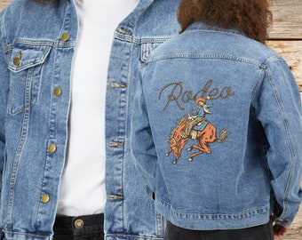 Chaqueta vaquera de rodeo para hombre o mujer: chaqueta vaquera con diseño de caballo al galope, regalo de vaquero, ropa ranchera azul claro.