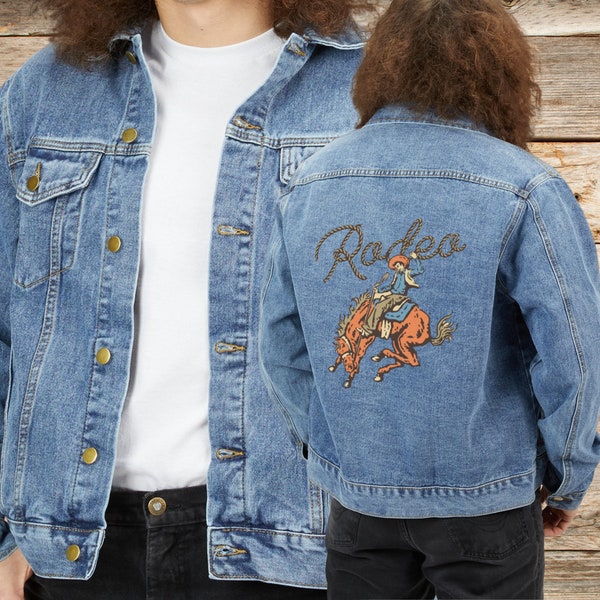 Mens or Womens Rodeo Jean Jacket, Cotton Denim Rodeo Bronco Rider, Light Denim Jacket Perfect Gift for the Rodeo Lover.