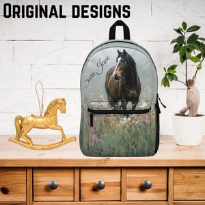 Sac à dos personnalisé cheval bai - cheval aquarelle avec flammes de fleurs sauvages, cartable nature pour fille, cartable équestre
