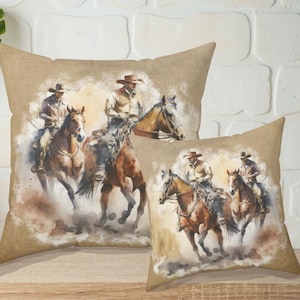Cowboy Throw Pillow, Original Horse Watercolor Art Cushion Throw Pillow Horse Lover Boys Room Decor, 4 Sizes, Ranch Life Rodeo Fan Decor