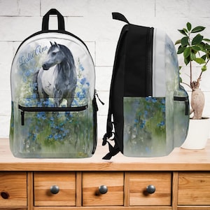 Personalized Gray Mare Backpack - Watercolor Horse & Blue Wildflowers, Equestrian School Bag for Girls or Ladies, Nature Art Bookbag