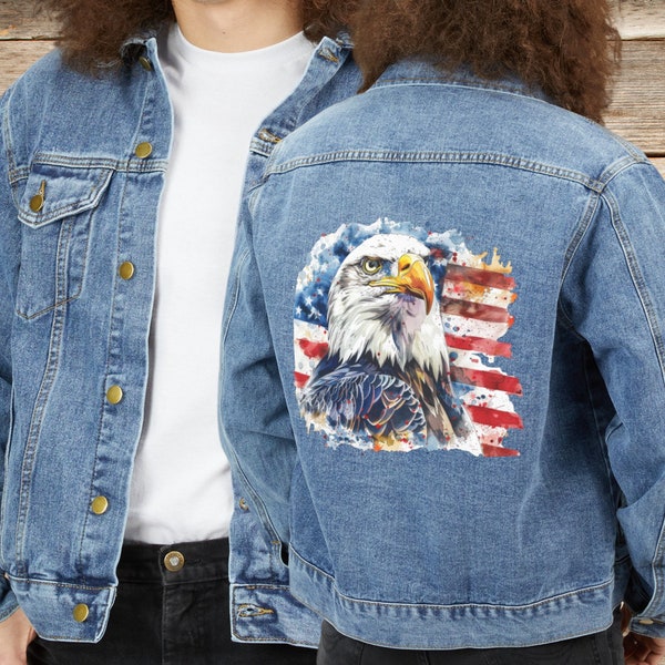 Mens or Womens American Flag Jean Jacket, Cotton Denim American Flag and Eagle, Light Denim Jacket, USA, Perfect Gift Husband, Dad, Grandpa