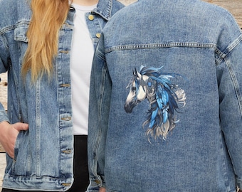 Personalized Women Spirit Horse Jean Jacket, Cotton Denim Blue Feather Horse Printed Barn Coat, Unique Gift for Horse Lover Mom, Wife, Girl