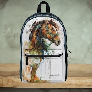 Personalized Horse Lover&#39;s Backpack, Cute Original Watercolor Design, Youth, Young Girl or College Bookbag, Horse Lover Gift, Horse Mom