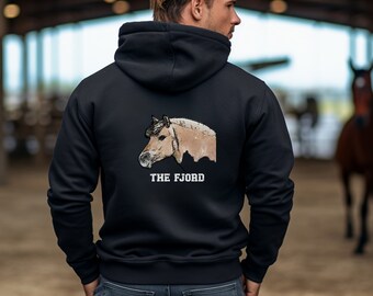 May include: A black hoodie with a brown and white horse illustration on the back. The text "THE FJORD" is printed below the horse.