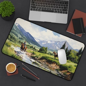 Cowboy Desk Mat Mouse Pad, &quot;The Trail Ride&quot; Western Horse Art Landscape Computer Desk Protection Accessory, Original Art Mousepad in 2 sizes