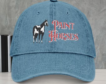 Paint Horses Embroidered Denim Hat, Perfect Gift for Horse Lovers, Trail or Show Ring Cap, Horse Summer Accessory Must Have Unique Gift Idea