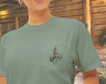 Rodeo Bronc Horse Art Pocket T-shirt, Minimal Line Drawing of Bucking Horse, Comfort Colors Tee, Unique Gift for Man, Rodeo Loving Fan