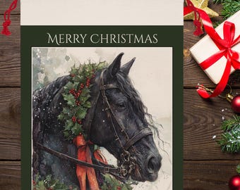 May include: A large Christmas bag with a watercolor illustration of a black horse wearing a holly wreath and bridle. The words "MERRY CHRISTMAS" are above the horse, and "Personalized Large Christmas Bag" is at the top.