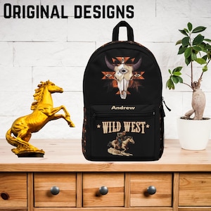 Sac à dos cowboy Far West pour garçons - Cartable personnalisé tête de mort aztèque, cartable western, cadeau cavalier