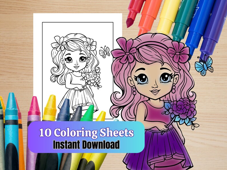 10 Coloring Sheets for Kids Cute Flower Girls PDF 8.5 X 11 & PNG W