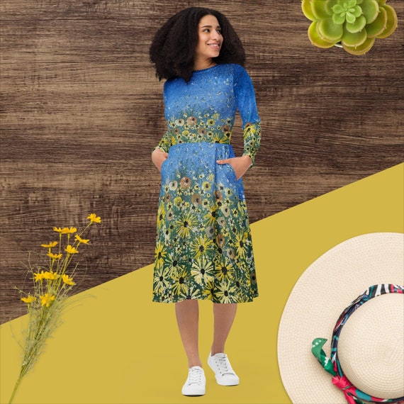 Daisy All-over Print Long Sleeve Midi Dress Australia