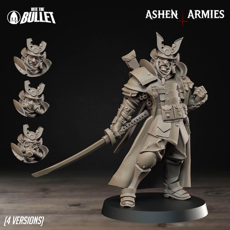 Puede incluir: Figura en miniatura gris detallada de un guerrero samur&aacute;i, sosteniendo una katana. La figura est&aacute; sobre una base negra, con tres variaciones de cabeza adicionales que se muestran a la izquierda. El texto "Bite the Bullet" y "Ashen Armies" son visibles.