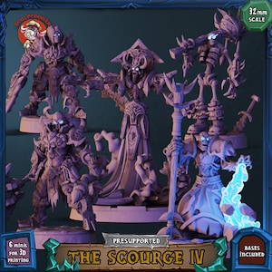 May include: Set of six 32mm scale, pre-supported, 3D printable miniatures of undead figures. The figures are posed in various fighting stances and include a necromancer, a skeletal warrior, and a skeletal archer. The miniatures are designed for tabletop role-playing games and wargames. The text "The Scourge IV" is printed on the image.