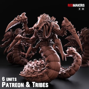 May include: A group of six brown, detailed monster figurines with large claws and segmented bodies. The figures have a menacing appearance, with sharp edges and a textured surface. The text "6 UNITS PATREON & TRIBES" is at the bottom.