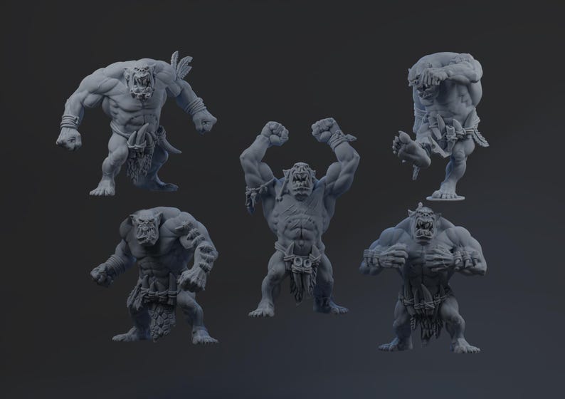 Op de afbeelding: Een verzameling van zes grijze, gespierde ork-beeldjes in verschillende dynamische poses. Sommige figuren hebben de armen omhoog, andere staan met gebalde vuisten. Ze zijn gedetailleerd met lendendoeken en tribale accessoires.