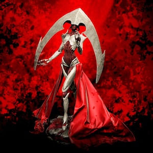 May include: A white and red detailed figurine of a woman with a large, silver, crescent-shaped headpiece. The woman is wearing a long, flowing red robe.