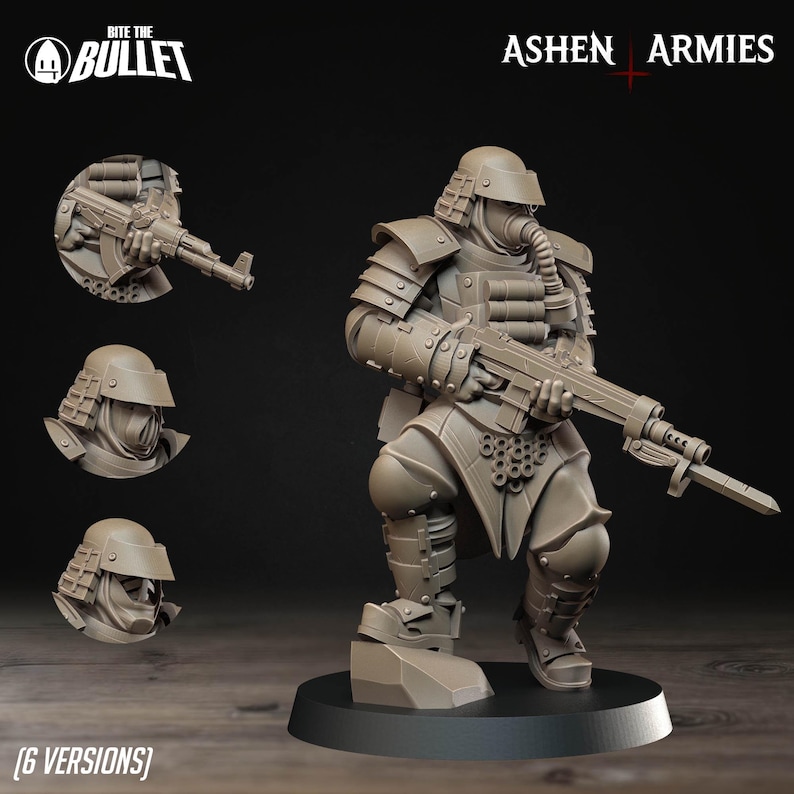 Puede incluir: Figura en miniatura de color marr&oacute;n de un soldado con armadura futurista, sosteniendo un rifle. La figura est&aacute; arrodillada sobre una base negra. La imagen incluye el texto "Bite the Bullet" y "Ashen Armies". Tambi&eacute;n est&aacute; presente el texto "(6 VERSIONS)".