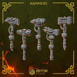 May include: A collection of five gray hammers with unique designs. The image features hammers with dragon-like heads, cylindrical heads, and rectangular heads. The word "HAMMERS" is at the top, and the "GREYTIDE STUDIO" logo is at the bottom.