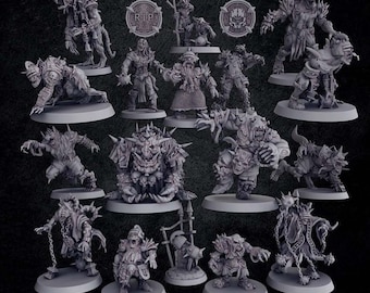 May include: A set of 15 grey painted miniature figures of fantasy creatures, including goblins, orcs, and a demon. The figures are posed in various action poses and are ready for tabletop gaming.