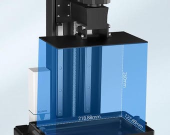 May include: A black 3D printer with a blue build platform. The platform measures 218.88 mm by 122.88 mm and is 260 mm tall.