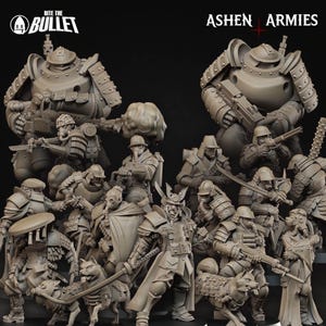 Puede incluir: Colecci&oacute;n de figuras en miniatura grises detalladas, que incluyen soldados, robots y personajes blindados. Algunas figuras est&aacute;n acompa&ntilde;adas de perros rob&oacute;ticos. El texto "Bite the Bullet" y "Ashen Armies" es visible en la imagen.
