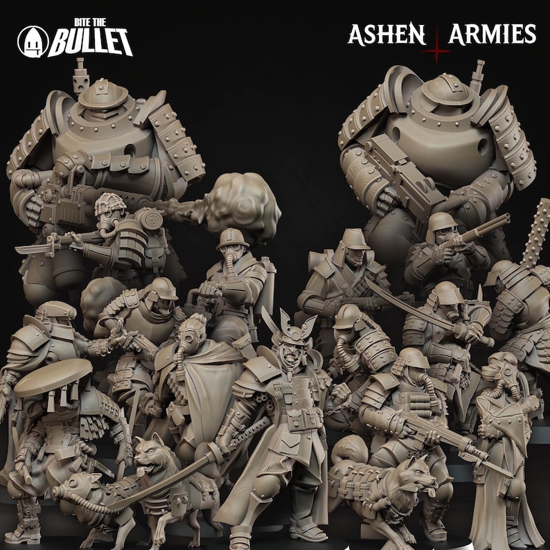 Puede incluir: Colecci&oacute;n de figuras en miniatura grises detalladas, que incluyen soldados, robots y personajes blindados. Algunas figuras est&aacute;n acompa&ntilde;adas de perros rob&oacute;ticos. El texto "Bite the Bullet" y "Ashen Armies" es visible en la imagen.