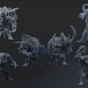 Op de afbeelding: Een verzameling grijze fantasie miniaturen, elk met een gespierde, monsterlijke figuur met hoorns, slagtanden en pantser. Sommige figuren staan in actieposities, andere staan klaar voor de strijd. De figuren zijn gedetailleerd en getextureerd.