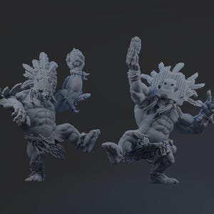 Op de afbeelding: Twee grijze, gespierde fantasiefiguren worden in dynamische poses afgebeeld. Ze dragen gevederde hoofdtooien en lendendoeken, waarbij &eacute;&eacute;n een object omhoog houdt. De figuren hebben gedetailleerde musculatuur en een tribale esthetiek, wat duidt op een mythisch thema.