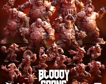 May include: A set of 15 miniature figures, including 5 large, muscular figures and 10 smaller figures. The figures are painted in a reddish-brown colour and appear to be made of plastic. The figures are arranged in a circle around the words "BLOODY GOONS".