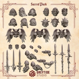 May include: A collection of gray miniature figurines, including helmets, wings, weapons, and armor pieces. The text "Sacred Pack" is at the top, and "GREYTIDE STUDIO" is at the bottom. The figurines are likely for tabletop gaming or model building.