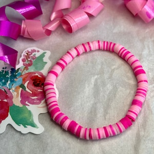 Pink Heishi Bead Bracelet, Handmade, Barbie, Stretch Bracelet, Stack Bracelet, Preppy Jewelry, Clay Bead, Beach, Gifts for Girls, Stack