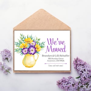 Lente bloemenboeket We've verplaatst Afdrukbare kaart, nieuw adresaankondiging, aanpassen, huis thuis, verhuizen, housewarming, bloemboeket