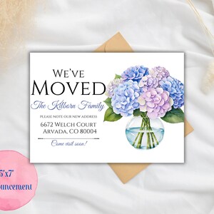 Pastelhortensia We've Moved Aankondigingskaart, afdrukbaar adreskaartje, Grandmillenial, Preppy, New House Home, Housewarming