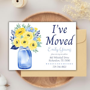Plantilla de tarjeta imprimible con diseño floral "Me mudo", anuncio de nueva dirección, Canva, personalización, mudanza, casa nueva, inauguración de la casa, cambio de domicilio