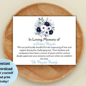 Modèle de carte de remerciement pour les funérailles florales à la mémoire de l'homme, mot de remerciement personnalisé, imprimable, personnalisable, remerciement de sympathie bleu