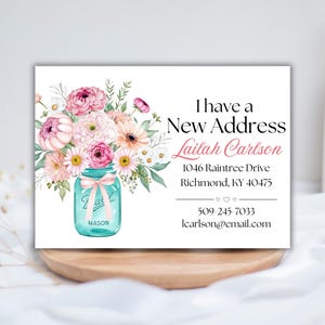 Bouquet de pots Mason J'ai une nouvelle adresse, carte J'ai déménagé, carte florale de changement d'adresse, à personnaliser, pendaison de crémaillère, pivoine rose