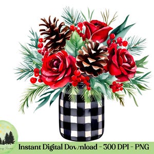 Buquê de pedreiro xadrez de búfalo Clipart Natal Feriado PNG, Vermelho Preto Branco, Rosas, Desenhos florais em aquarela, Sublimação, Flor rústica