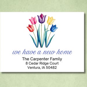 Faire-part personnalisé nouvelle maison, modèle de carte imprimable pour changement d'adresse floral, tulipe, nous avons déménagé, pendaison de crémaillère, 5 x 7