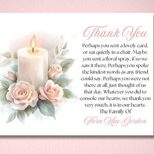 Carte de remerciement personnalisée pour les funérailles, bougie rose, à la mémoire de, célébration d'une vie, remerciement de sympathie, papeterie, gratitude, impression