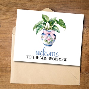 Tarjeta de felicitación imprimible "Bienvenido al vecindario" de Grandmillenial, regalo de inauguración de la casa "Hola nuevo vecino" de Chinoiserie, descarga, nuevo hogar