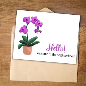 Tarjeta de felicitación imprimible "Hola, bienvenido al vecindario", orquídea morada, regalo de inauguración de la casa, nuevo vecino, descarga digital, nuevo hogar