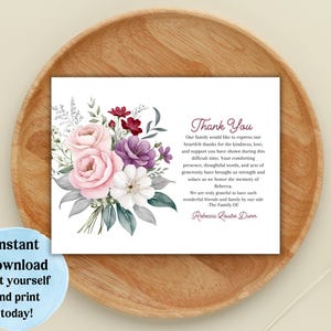 Modèle de carte de remerciement pour les funérailles, Remerciement imprimable floral, Remerciement pour sympathie, Gratitude, personnalisé, Pour un souvenir affectueux, Modifier