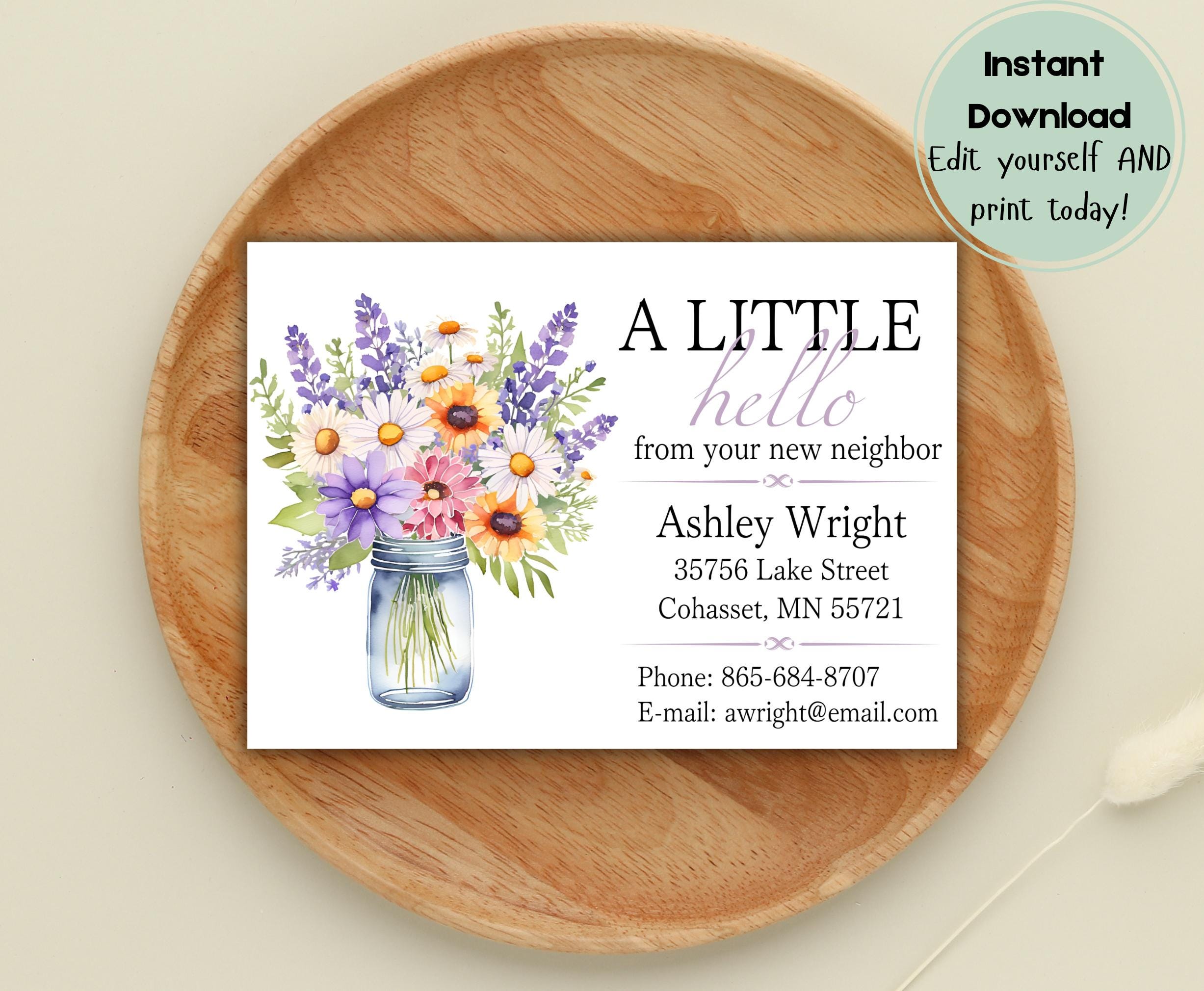 Nefer Introduction Card Wildflower New Neighbor Introduction Card, Printable Hello From Your ...