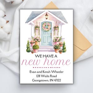 Aankondigingskaartsjabloon We hebben een nieuw huis, adreswijziging, pastelkleurige bloemen voordeur, lente, we zijn verhuisd, nieuw huis, afdrukbaar