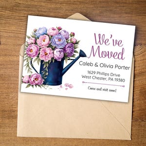 Afdrukbare voorjaarsaankondiging adreswijziging, kaartsjabloon We've Moved, pioenroos, bloemen nieuw huis huis, housewarming, digitale bewerking