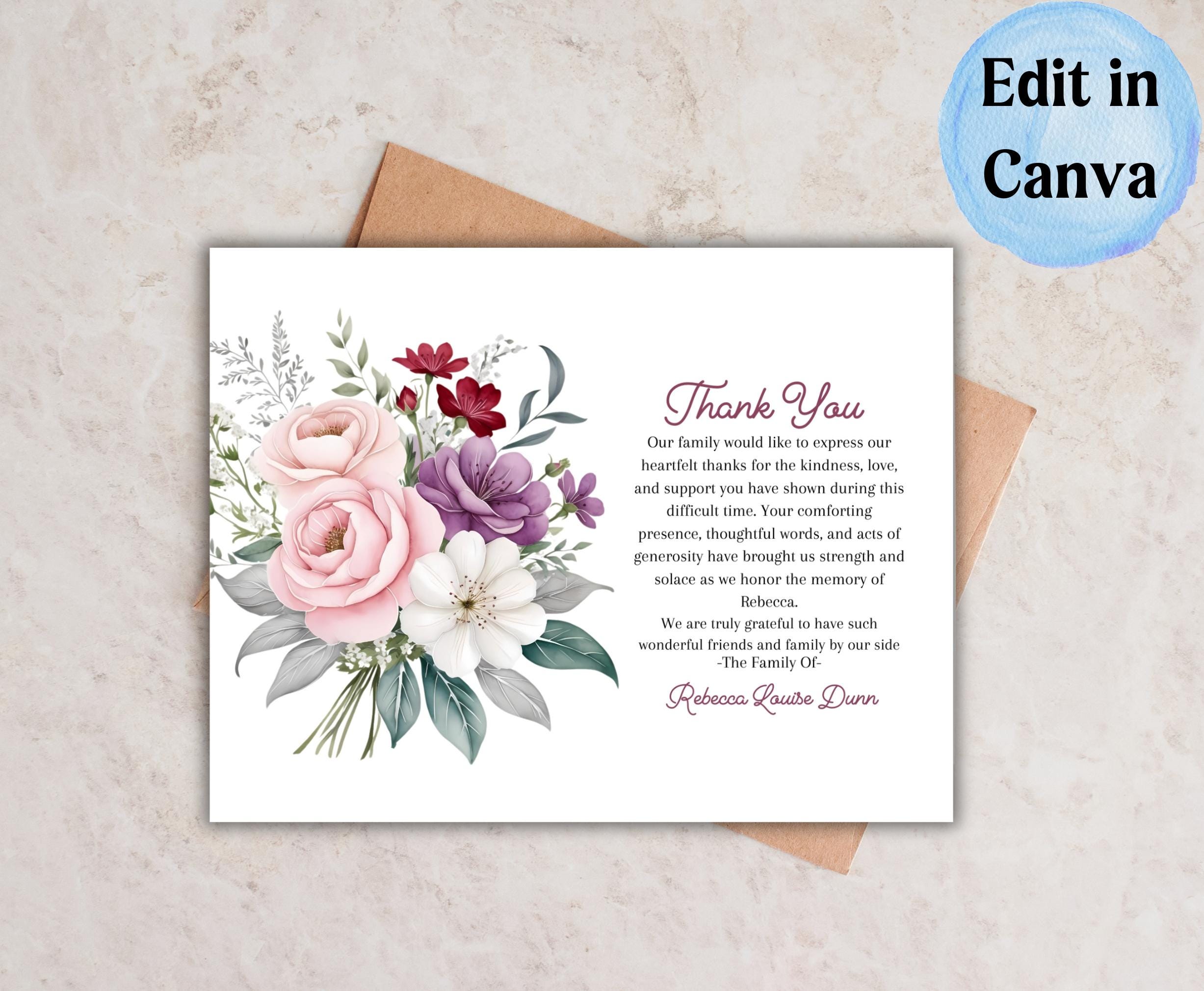 Funeral Thank You Card Template, Floral Printable Thank You Note